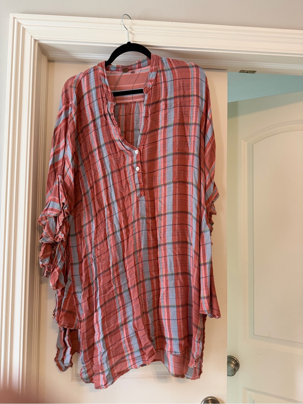 Free People Lightweight Coral Plaid Tunic Top with Ruffled Sleeves